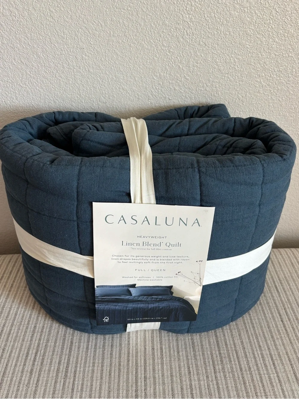 NWT Full/Queen Heavyweight Linen Blend Quilt Dark Mineral Blue - Casaluna